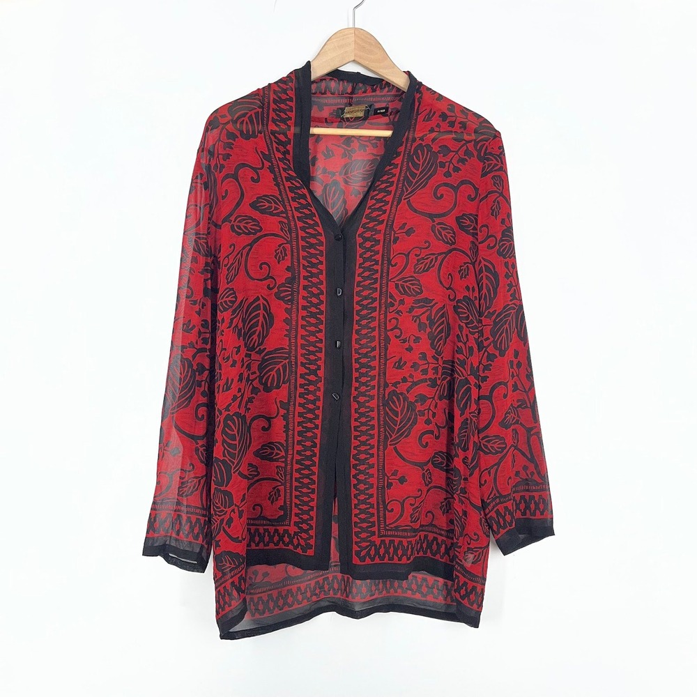 Dana Buchman Red Black Floral‎ Sheer Button Front Tunic Blouse Womens Size 14